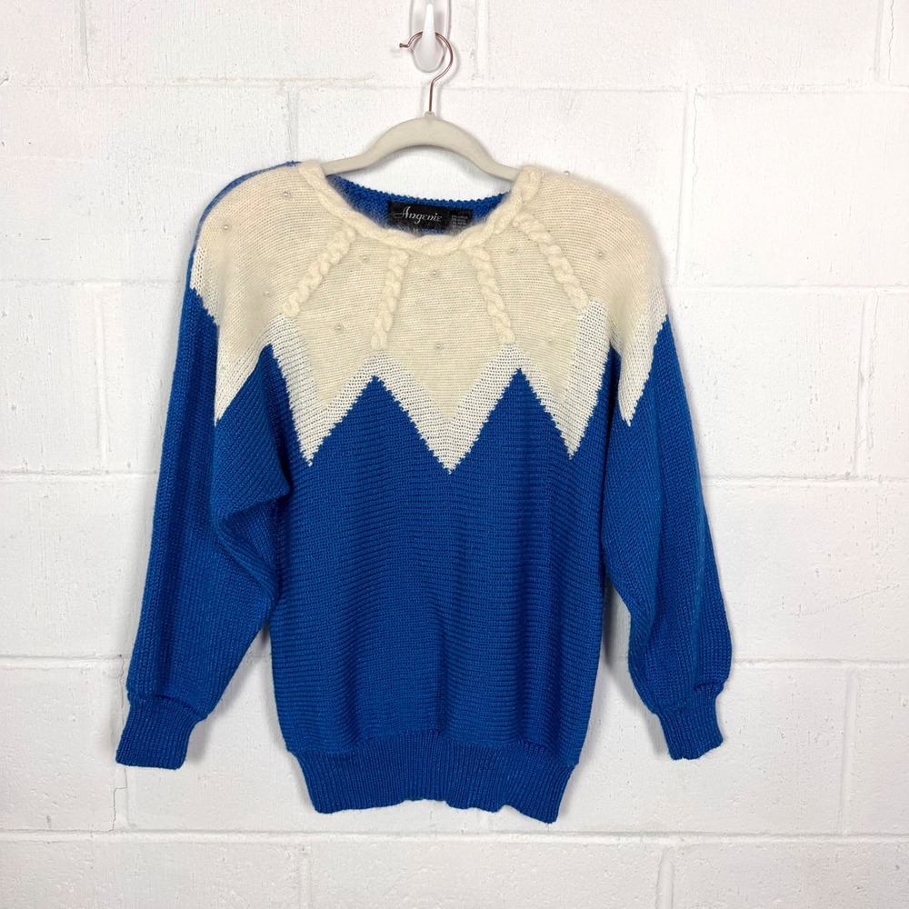 VTG Angenie Angora Blend Sweater SZ M 80s 90s Blue Feminine Fuzzy Pearls Holiday